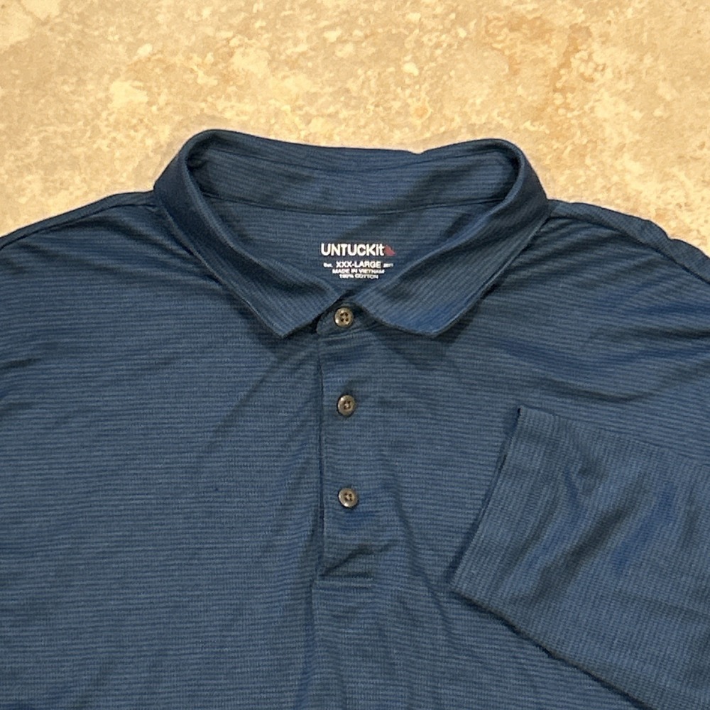 Untuckit Damaschino Jacquard Mens 3XL Blue Long Sleeve Polo Regular Fit Stretch